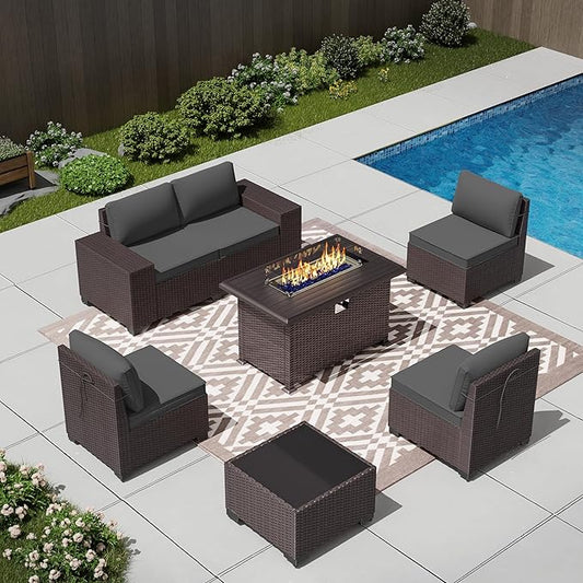 Outdoor Patio Furniture Set with Propane Fire Pit Table, 7 Pieces Outdoor Furniture Patio Sectional Sofa Conversation Sets w/ETL Approved 43" Gas Outdoor Fire Table & Coffee Table (Grey)