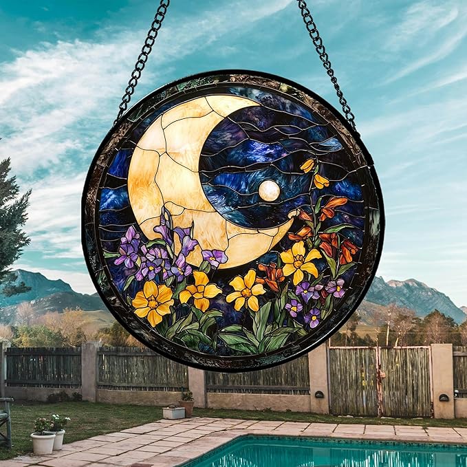 Stained Glass Window Hanging - Blue Night Sky Moon Suncatcher for Door Terrace Garden Home Decor Wildflowers Sun Catcher Birthday Gifts for Lovers Women Men Dad Mom Nana 6.3 in