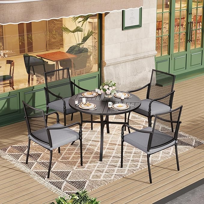 HERA'S HOUSE Round Patio Table and Chairs, Metal Outdoor Dining Sets for 4, 42" Black Table with 4 Cushioned Armrest Chairs for Garden Lawn Backyard