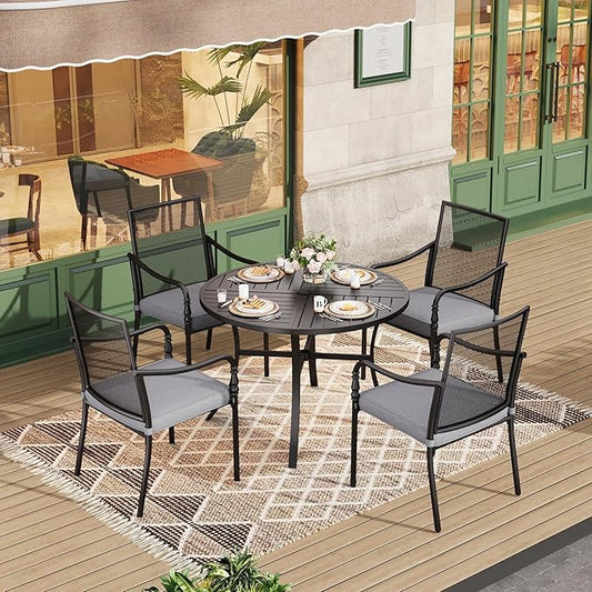 HERA'S HOUSE Round Patio Table and Chairs, Metal Outdoor Dining Sets for 4, 42" Black Table with 4 Cushioned Armrest Chairs for Garden Lawn Backyard