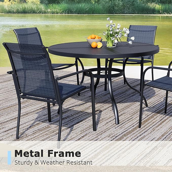 5 Pieces Round Dining Table Set for 4, Patio Dining Set Includes 4 Dark Blue Stackable Patio Chairs and 1 Black Mesh Round Table, Patio Furniture Sets with Sling Support for Outside, Garden