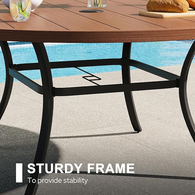 VICLLAX 50" Outdoor Round Patio Dining Table for 4-6, All Weather Metal Dining Table with Umbrella Hole for Deck Lawn Garden Backyard, Walnut