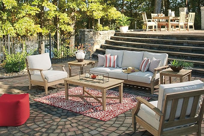 Signature Design by Ashley Carter Hall Outdoor Eucalyptus Neutral Patio Lounge Chair with Thick Performance Fabric Cushion, Beige