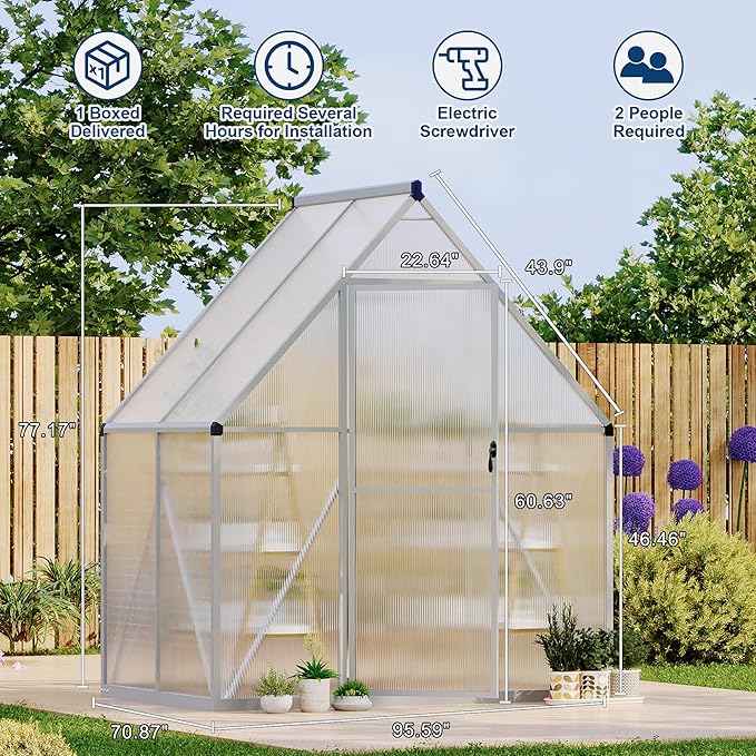 6X4 ft Polycarbonate Greenhouse with Aluminum Frame, Polycarbonate Greenhouse for Outdoors, Greenhouses with Ventilation, Aluminum Large Walk-in Greenhouses for Outside