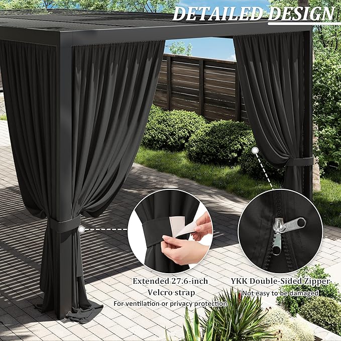 Gazebo Universal Replacement Privacy Curtain,12'×20' Gazebo Outdoor Waterproof Curtains, 4-Panels Sidewall Curtains with Double Zipper for Patio Canopy, Garden and Backyard (Curtain Only)