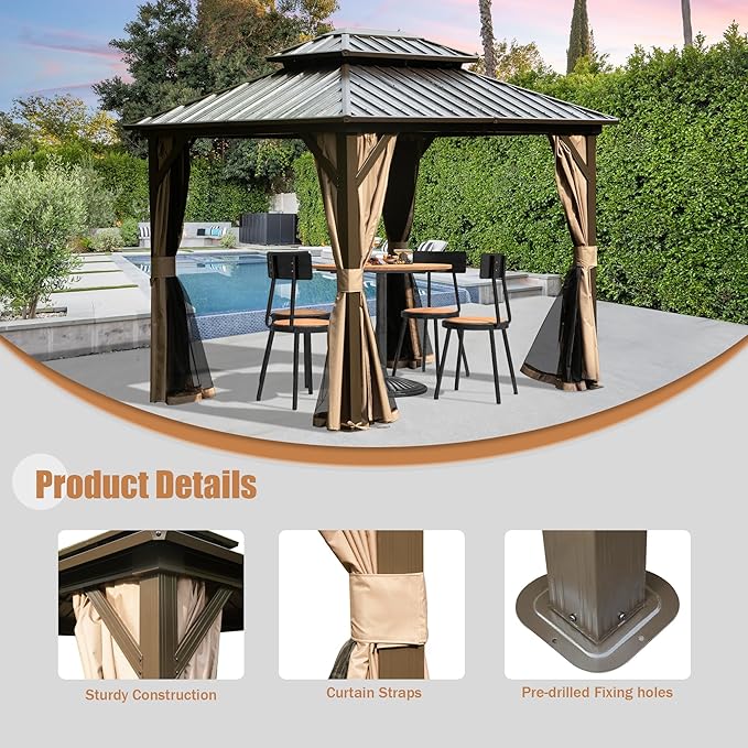 Domi 8' x 10' Hardtop Gazebo Permanent Metal Gazebo with Galvanized Steel Double Roof, Curtains and Netting for Party, Wedding, Outdoor Dining, Patio, Backyard, Brown