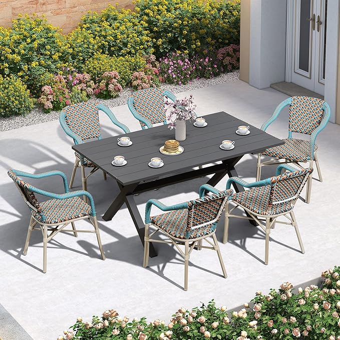 PURPLE LEAF 7 Pieces Outdoor Table and Chair Set Patio Furniture Set with Large Rectangular Table and 10 French Dining Chairs for Poolside Deck Colorful Patio Dining Set