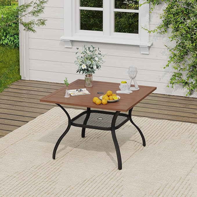 VICLLAX 5 Pieces Outdoor Dining Set, Patio Furniture Set of 4 Patio Swivel Dining Chairs and Square Patio Table with Storage Shelf, Mixed Brown Chairs & Walnut Tabletop