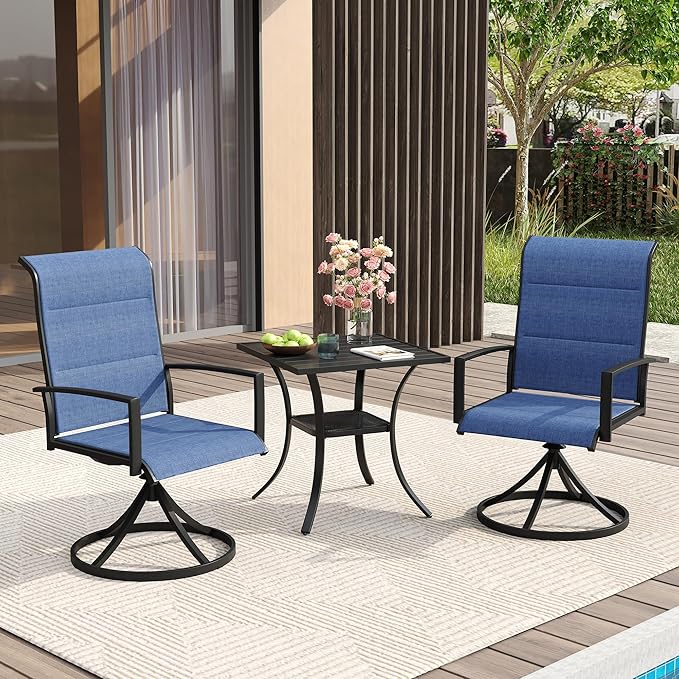 VICLLAX 3 Pieces Small Patio Table and Swivel Chairs for 2, All Weather Patio Dining Set for, Black Tabletop and Blue Fabric