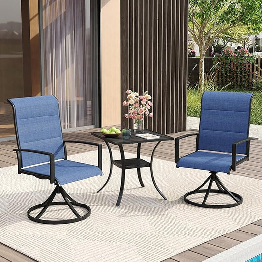 VICLLAX 3 Pieces Small Patio Table and Swivel Chairs for 2, All Weather Patio Dining Set for, Black Tabletop and Blue Fabric