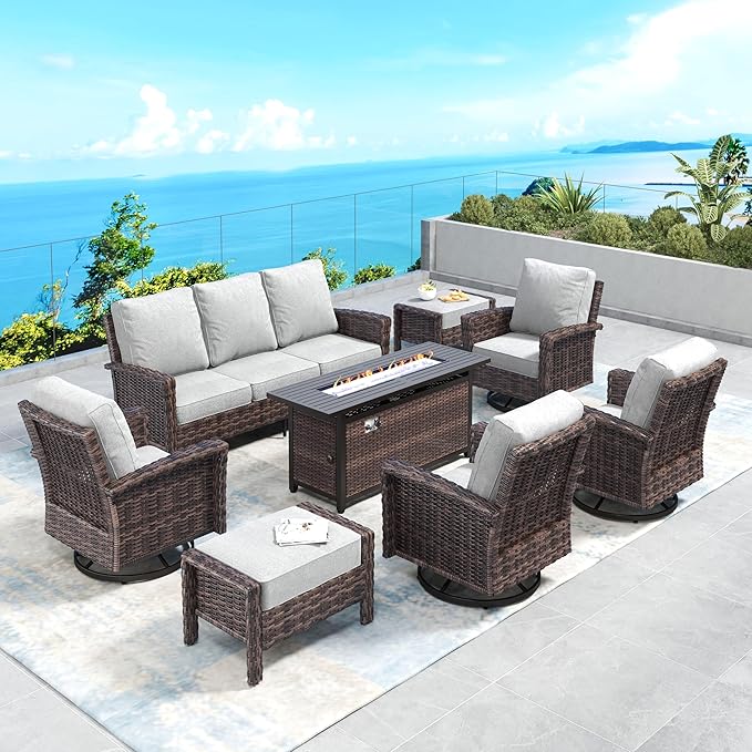 Patio Furniture Set with Swivel Chairs, High Back Wicker Rattan Set with 5.5" Thick Cushions, Fire Pit Table and Ottomans, All Weather Outdoor Conversation Set for Backyard Deck,9 Seats, Light Grey