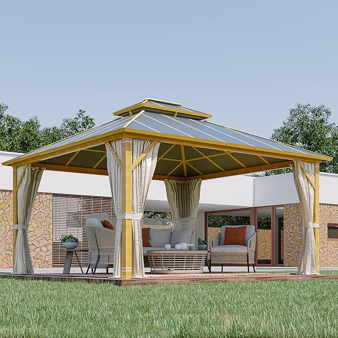 12'x14' Gazebo, YOLENY Outdoor Wood Grain Hardtop Gazebos on Clearance, Aluminum Composite Double Roof with Privacy Curtain and Mosquito Net for Patio, Lawn, Garden, Deck, Gray