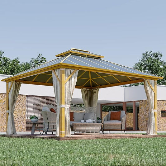 12'x14' Gazebo, YOLENY Outdoor Wood Grain Hardtop Gazebos on Clearance, Aluminum Composite Double Roof with Privacy Curtain and Mosquito Net for Patio, Lawn, Garden, Deck, Gray