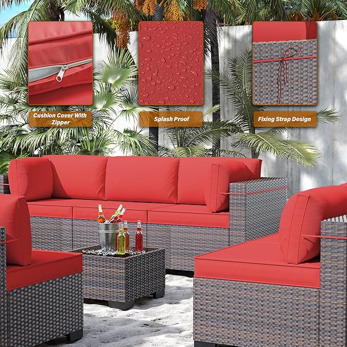 Outdoor Patio Furniture Set, 14 Pieces Outdoor Furniture All Weather Patio Sectional Sofa PE Wicker Modular Conversation Sets with Coffee Table,12 Chairs & Seat Clips(Red)