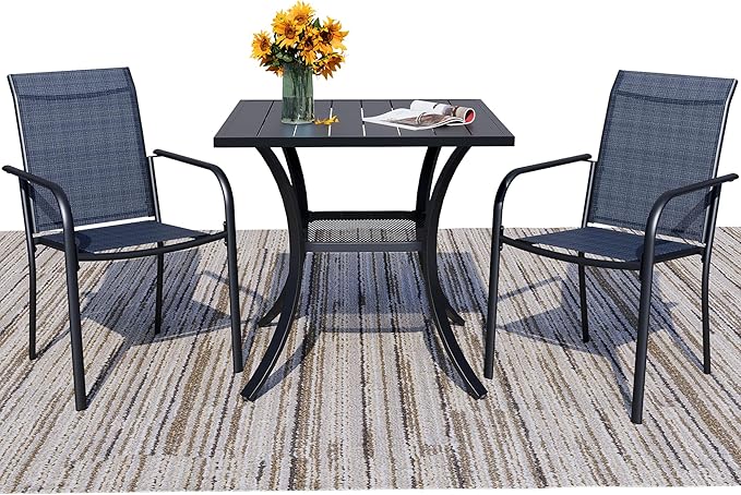 3 Pieces Round Dining Table Set for 2, Patio Dining Set Includes 2 Dark Blue Stackable Patio Chairs and 27.6" Black Metal Square Table, Patio Furniture Sets with Sling Support for Outside, Garden