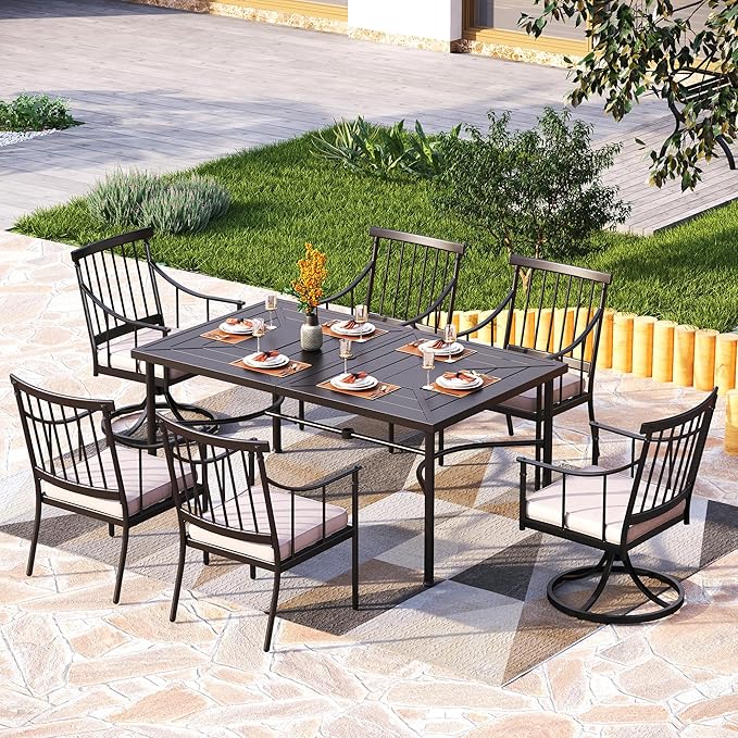 PHI VILLA 7 Pieces Outdoor Dining Set for 6, 64" Metal Steel Dining Table with Umbrella Hole & Cushioned Iron Swivel Chairs for Patio, Yard, Porch, Deck
