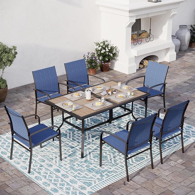 7 Pcs Patio Dining Set for 6, Rectangular Metal Dining Table (PVC Table Top) with Umbrella Hole and 6 Chairs, Outdoor Dining Set for Lawn Garden Deck, Blue