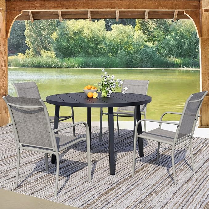 5 Pieces Round Dining Table Set for 4, Patio Dining Set Includes 4 Grey Stackable Patio Chairs and 1 Black Round Table, Patio Furniture Setss with Sling Support for Outside, Garden