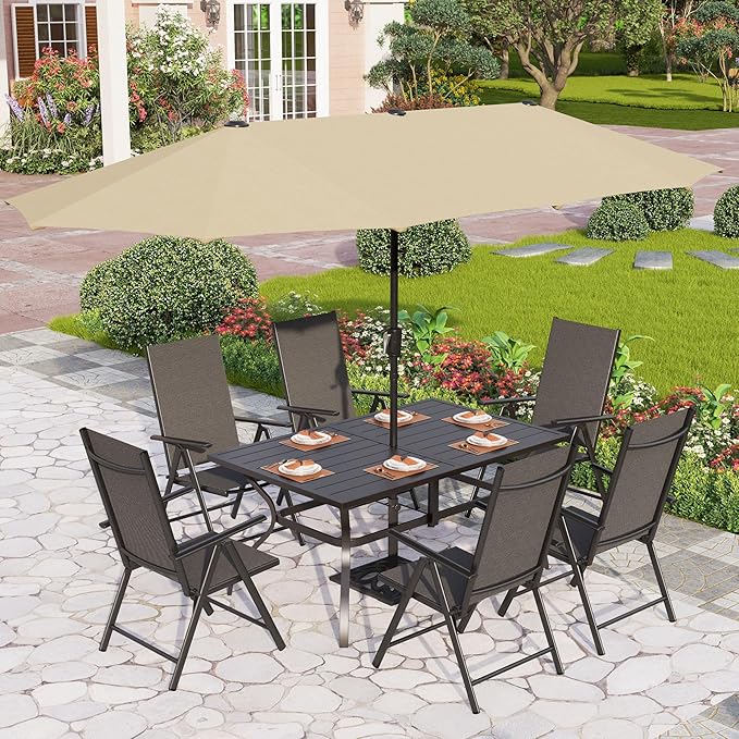 PHI VILLA 7 Piece Patio Dining Furniture Set with Umbrella, Outdoor Table and Chairs for 6, Foldable Patio Dining Chairs (Black) with Adjustable Backrest & Metal Dining Table for Garden, Deck