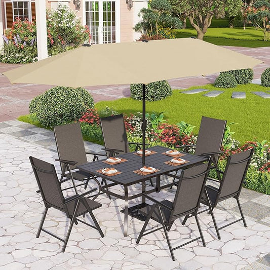 PHI VILLA 7 Piece Patio Dining Furniture Set with Umbrella, Outdoor Table and Chairs for 6, Foldable Patio Dining Chairs (Black) with Adjustable Backrest & Metal Dining Table for Garden, Deck