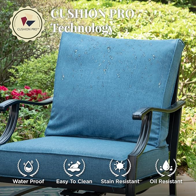 Patio Furniture Set, 4 Pcs Metal Outdoor Conversation Set, 2 Rocking Chairs and 3 Seater Sofa with 5.75" Extra Thick Cushion and Gas Fire Pit Table for Backyard Deck, Navy Blue