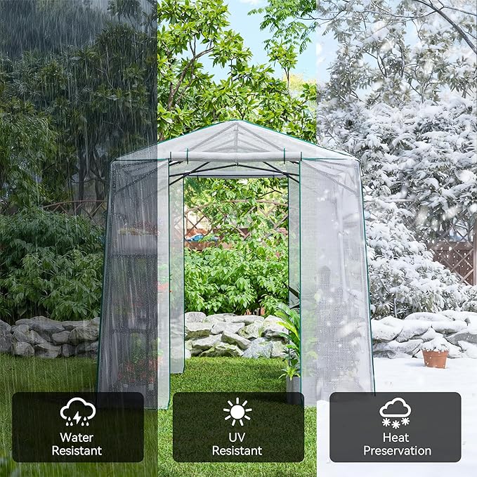Joyside 8 x 6 FT Outdoor Pop up Greenhouse with Adjutable Reinforced Frame, Durable PE Cover and Mesh Windows, Portable Greenhouse for All Seasons, Easy Set Up (White, 8 x 6 FT)