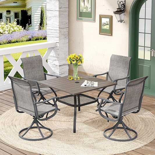 DIFY 5 Pieces Outdoor Patio Dining Set for 4, 37.8" Grey Wood-Like Metal Square Dining Table and 4 Grey Textilene Patio Swivel Chairs, Outdoor Table and Chairs