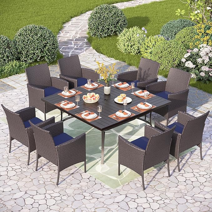PHI VILLA 9 Pieces Square Outdoor Dining Set for 8, 60” Metal Iron Dining Table & Rattan Wicker Chairs with Cushions, Large Dining Furniture Set for Patio, Deck, Yard, Porch