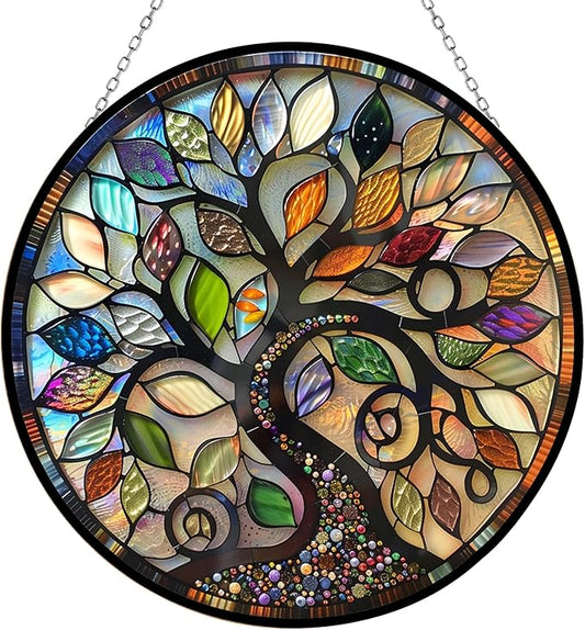 Bohemian Tree of Life Stained Glass Suncatcher 4 Season Colorful Window Wall Ornament Hand-Painted Glass Panel Decor Gift for Women Christmas Thanksgiving Gift 6.3"