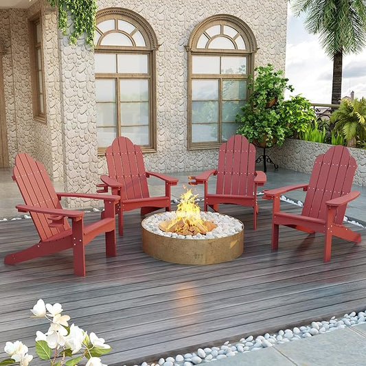 LUE BONA HDPS Adirondack Chairs Set of 8, Fire Pit Outdoor Chair Weather Resistant with Cup Holder, Modern Plastic Chair Plastic for Patio, Deck, Proch, 350LBS, Red