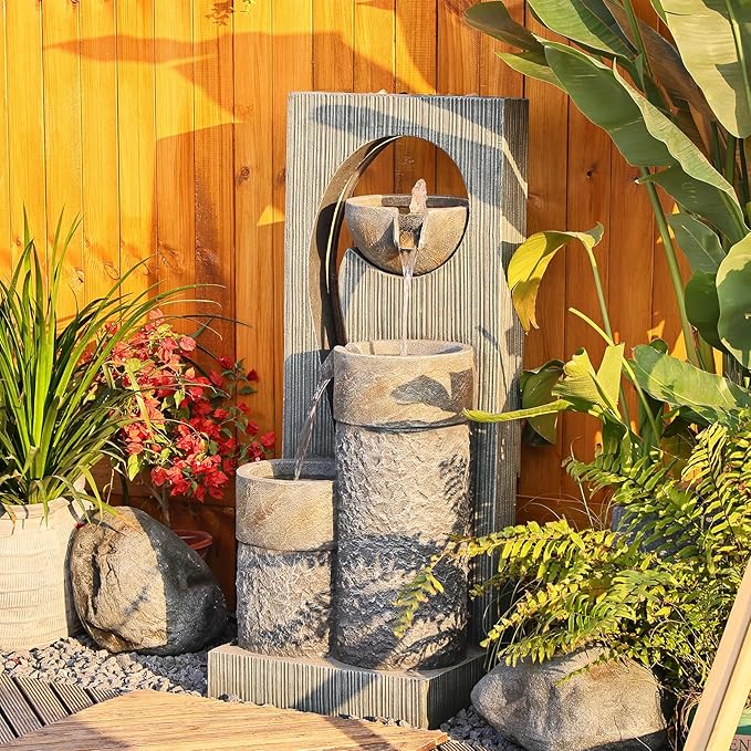 Water Fountain Zen Feature Outdoor Indoor - Waterfall Garden Freestanding Fountains ρ-Shaped Hollow Artistry Design with LED Lights for Home Decor Patio Yard Pool, 41 inches