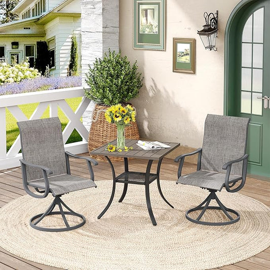 DIFY 3 Pieces Outdoor Patio Dining Set for 2, 27.6" Small Grey Wood-Like Walnut Square Metal Dining Table and 2 Grey Textilene Swivel Dining Chairs, Outdoor Table and Chairs