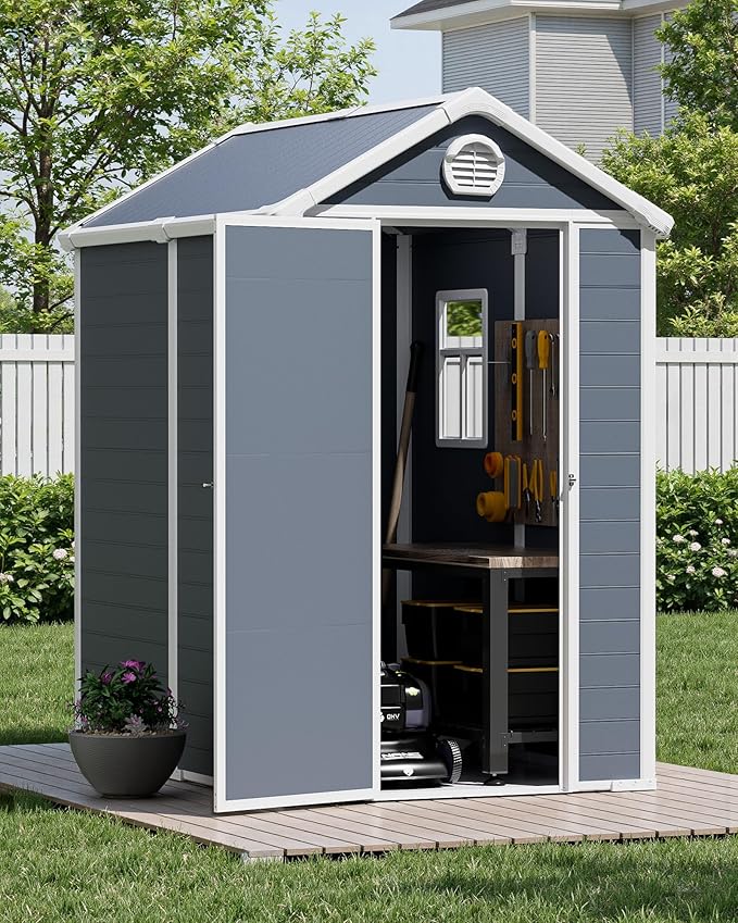 6x4.5 FT Plastic Sheds & Outdoor Storage, UV Resistant Storage Sheds Outdoor with Floor and Window, All-Weather Garden Resin Tool Shed for Lawn Mower, Yard Tools, Bike, Dark Gray
