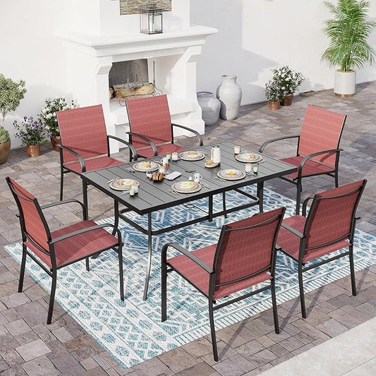 Patio Dining Set 7 PCS, Rectangular Steel Dining Table with 1.57" Hole, Red Stable Dining Chairs for 6,Patio Table and Chairs for Outdoor Lawn Garden,Deck.