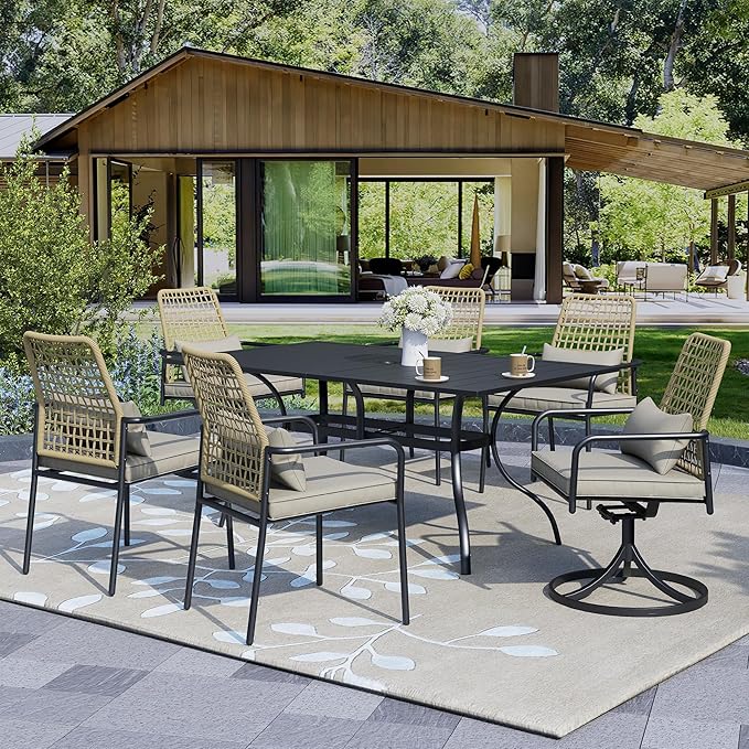 7-Piece Patio Dining Set, 63'' Rectangular Outdoor Table and 2 Wicker Swivel Rattan Chairs ＆ 4 Wicker Stackable Rattan Chairs with Cushions, All Weather Frame Furniture Set