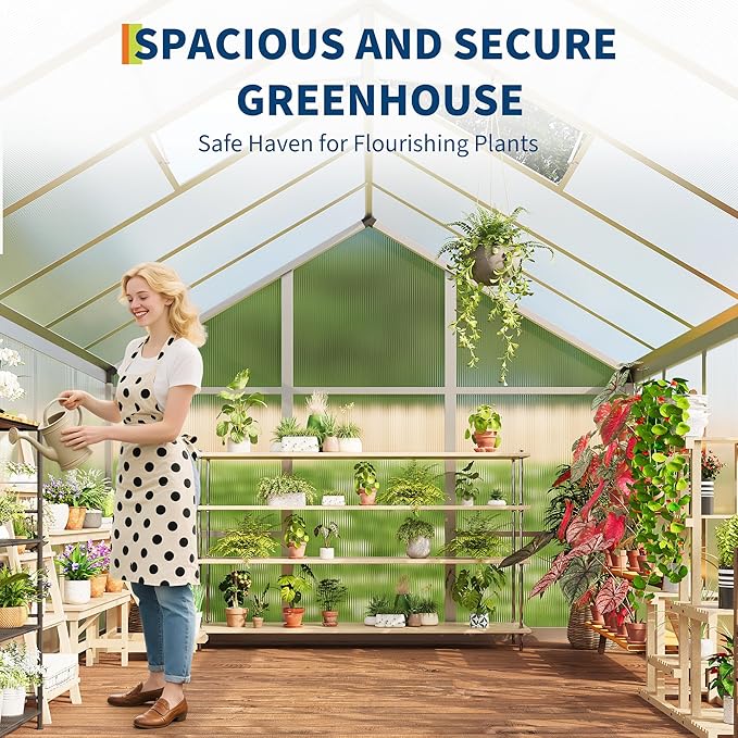 8×10 FT Greenhouse, Large Walk in Greenhouses for Outdoors and Garden Planting, Polycarbonate Greenhouse with Enhanced Aluminum Frame, Green Houses with Quick Setup Structure and Roof Vent, Silver
