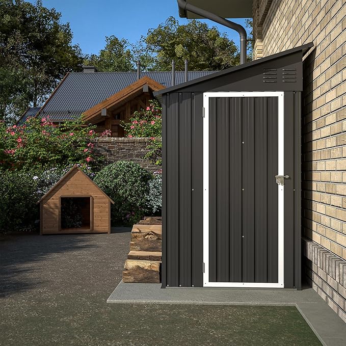 4×8 FT Lean to Metal Shed,Outdoor Heavy-Duty Storage Shed with Floor Base,All Weather Waterproof Garden Tool House W/Lockable Door&2 Air Vent,Reversible Door Design,for Backyard,Patio,Lawn,Black