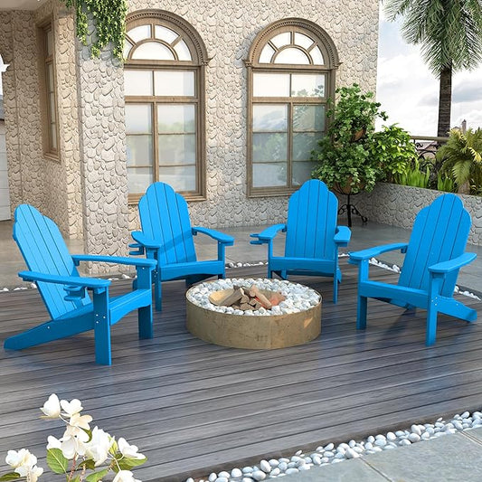 LUE BONA HDPS Adirondack Chairs Set of 4, Fire Pit Outdoor Chair Weather Resistant with Cup Holder, Modern Plastic Chair Plastic for Patio, Deck, Proch, 350LBS, Blue