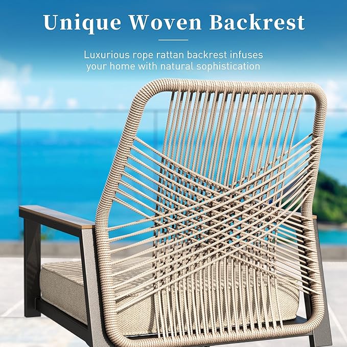 7 Pieces Patio Dining Set, 6 x Woven Rattan Chairs with Waterproof Cushion, 84" Extendable Rectangular Dining Table, Outdoor Table and Chairs Set for Backyard Lawn and Deck, Beige