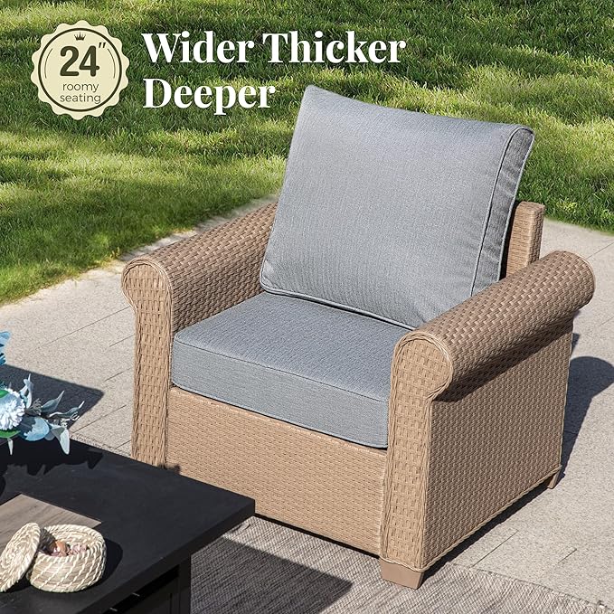 Patio Furniture Set 4 pcs, Wicker Outdoor Patio Furniture, 3-Seat Sofa, 2 Single Chairs and Coffee Table, Rattan Patio Conversation Set for Backyard Deck, Grey