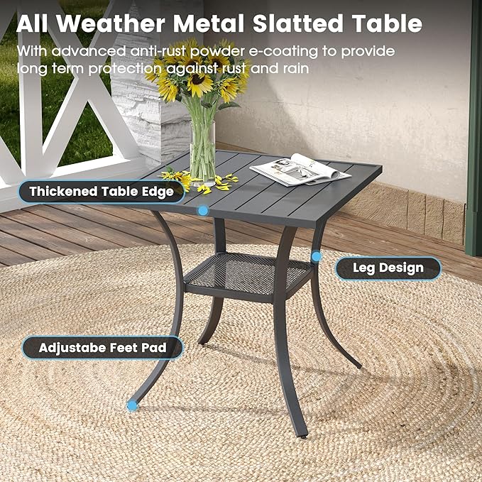 DIFY 27.6" Square Patio Dining Table, Grey Small Outdoor Bistro Table with Rust Resistant Metal Frame, Ideal for Lawn, Backyard and Deck