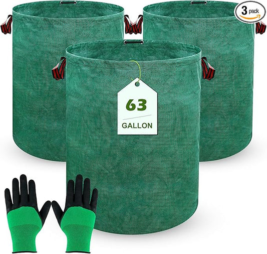 63 Gallons Lawn and Leaf Bags,Reusable Yard Waste Bags with Gardening Gloves,Heavy Duty Garden Bags with 4 Handles for Lawn Care, Camping & Recycling(3 Pack）