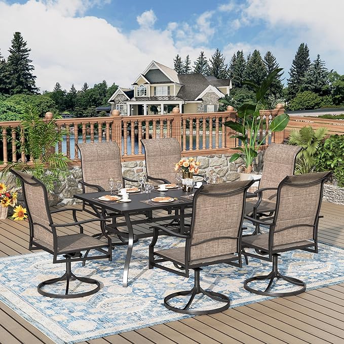 Patio Dining Set, 7 Person Outdoor Table and Chairs, 6 x Textilene Swivel Dining Chairs and 60" Rectangle Black Table, for Cozy Garden Settings, Grayish Brown
