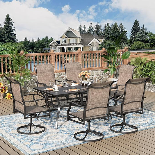 Patio Dining Set, 7 Person Outdoor Table and Chairs, 6 x Textilene Swivel Dining Chairs and 60" Rectangle Black Table, for Cozy Garden Settings, Grayish Brown