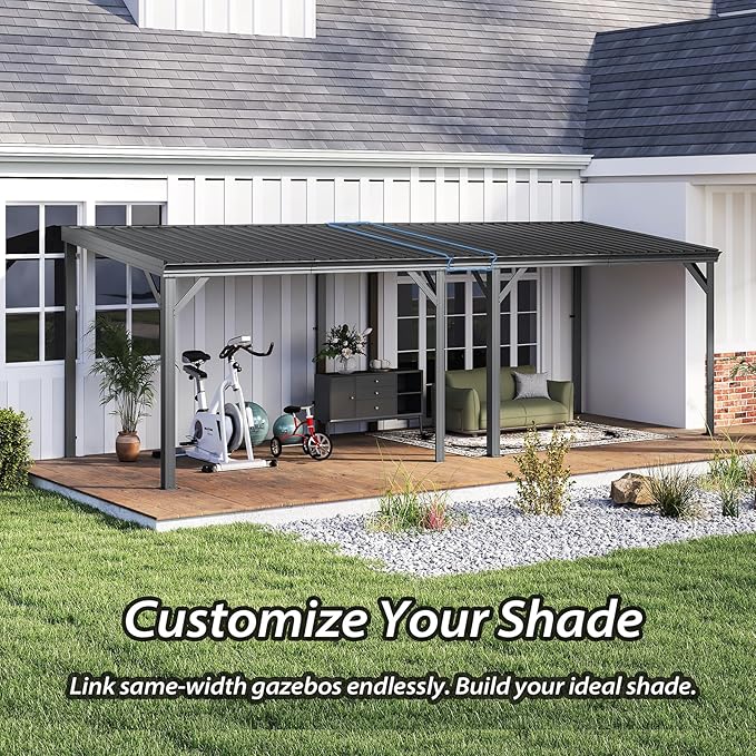 Domi 8'x10' Wall Mounted Hardtop Gazebo, Connectable Lean to Pergola with Gutters & Galvanized Steel Roof, 60MPH Wind Resistance, Outdoor Heavy Duty Metal Awning for Patio, Deck, Backyard - Grey