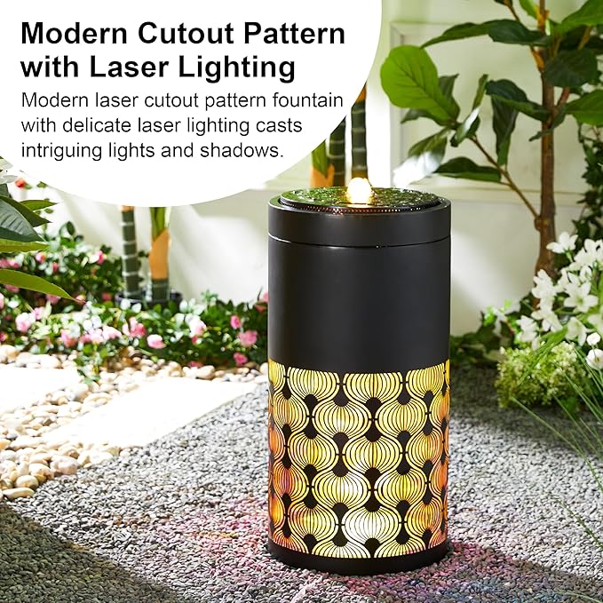 Glitzhome Metal Cutout Water Fountain with Pump, Adapter and LED Light, Modern Black Cutout Bird Bath Garden Outdoor Fountain and Waterfalls 24''H, Freestanding Fountains for Patio Backyard Decor