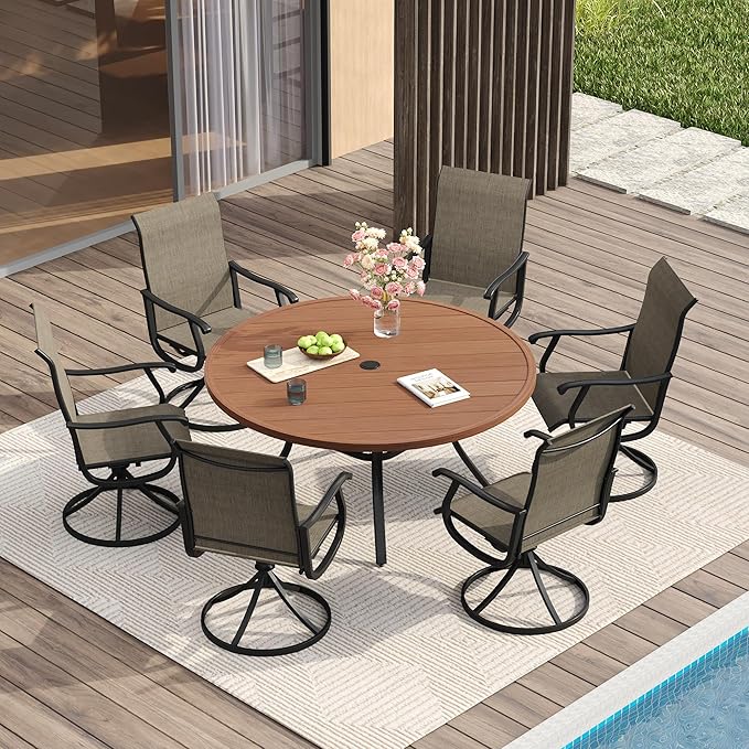 VICLLAX Patio Dining Set for 6, 7 Pieces Outdoor Furniture Includes 47.2" Round Patio Table with Umbrella Hole and 6 Outdoor Swivel Chairs for Lawn Garden, Walnut Tabletop and Mixed Brown Fabric
