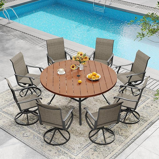 DIFY 9 Pieces Outdoor Patio Dining Set, 8 Brown Textilene Swivel Dining Chairs and 56.3" Walnut Round Dining Table with Faux Wood Top, Outdoor Table and Chairs