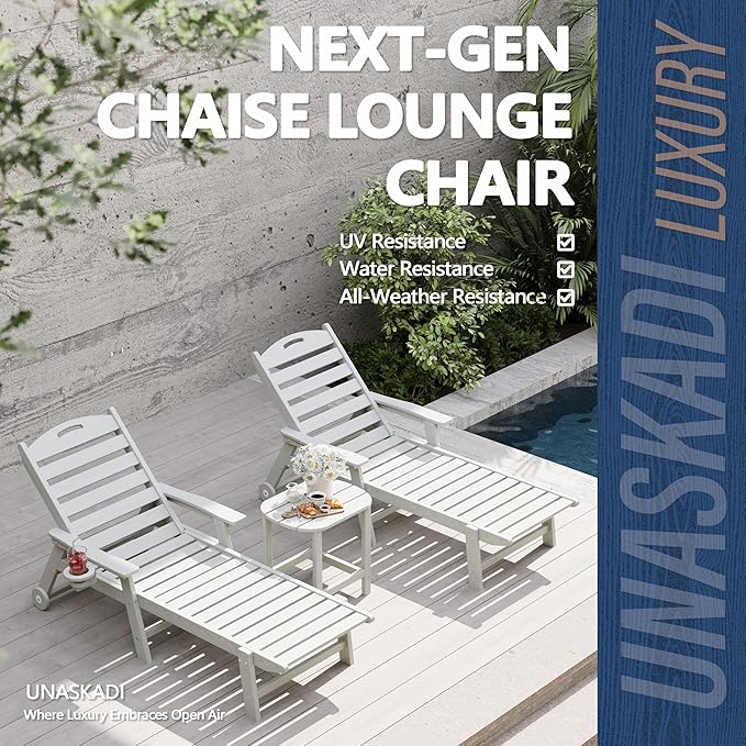 Patio Chaise Lounge Chair Set of 2, HDPE Outdoor Lounge Chairs with 5-Position Adjustable Backrest, Cup Holder and Wheels, 450lbs Capacity for Poolside Deck Backyard, All Weather Material(White)