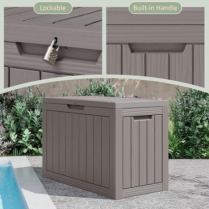 Outdoor Storage Box, 45 Gallon Outside Deck Box Waterproof,Resin Outdoor Storage Cabinet With Lockable Lid,Backyard Storage Bench For Garden Tools,Patio Cushions, Pool Tools, Package Delivery